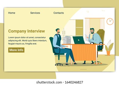 Company Interview Landing Page Vector Template. Employment Agency Website Page Concept with Cartoon Characters. Job Search, Recruitment Office Web Banner, Webpage Layout with Text Space