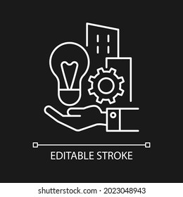 Company inventions white linear icon for dark theme. Lamp, buildings, gear on the hand. Thin line customizable illustration. Isolated vector contour symbol for night mode. Editable stroke