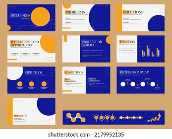 Company Investment Presentation Of Pitch Deck Template Set With Placeholder On Brown Background.