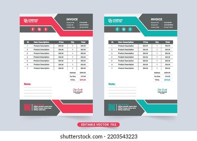 Company invoice and payment agreement paper design with red and blue colors. Product buy and sell receipt with cash invoice and price sections. Professional business invoice template vector.