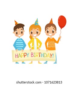 Company of kids in party hats holding a happy birthday banner cartoon vector Illustration on a white background