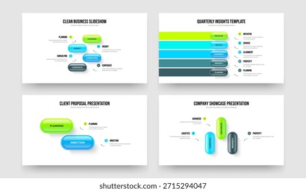 Unternehmensstart 4 5 2 3 Element Infografik Präsentationsvorlage Paket. Unternehmenswachstum Vier Fünf Zwei Drei-Optionen-Diagramm Diashow Layout Vektor Illustration Collection.