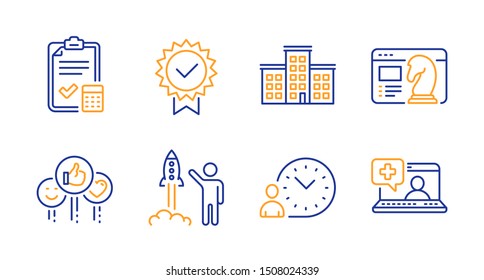 Company, Launch project and Seo strategy line icons set. Time management, Like and Accounting checklist signs. Certificate, Medical help symbols. Building, Business innovation. Vector