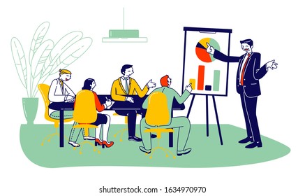 Company Leader, Business Coach, Executive Manager Pointing on Flip Chart Graph, Explaining Company Strategy and Financial Indicators on Meeting with Employees. Cartoon Vector Illustration Line Art