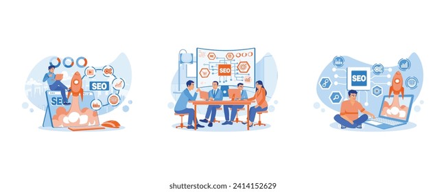 Company leaders and the marketing team are meeting in a conference room. Startups and digital marketing. SEO rocket hologram flying from the laptop screen. set Flat vector illustration.