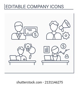 Company line icons set. Shareholder, sales, research and development department, manager. Business concept. Isolated vector illustrations. Editable stroke