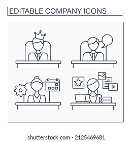 Company line icons set.Marketing department, managing director, director, chairman. Business concept. Isolated vector illustrations. Editable stroke