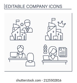 Company line icons set.Reception, president, personnel department, headquarters. Business concept. Isolated vector illustrations. Editable stroke