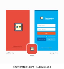 Company Locker Splash Screen and Login Page design with Logo template. Mobile Online Business Template