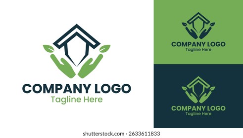Company Logo Design Eco-Friendly Business Logo with House, Hands, and Leaves