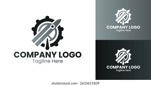 Logotipo da empresa Design Engenharia Logotipo de negócios com elementos de engrenagens e foguetes