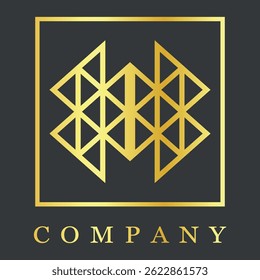 O logotipo da empresa. O logotipo tem uma imagem dourada que consiste em um design geométrico dourado que inclui triângulos e linhas de cruzamento, criando um padrão abstrato fechado em um quadro quadrado.

