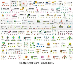 Mega colección del logo de la compañía - flechas de la casa escudo de la esfera de alrededor del globo. Conjunto de iconos universales para cualquier idea