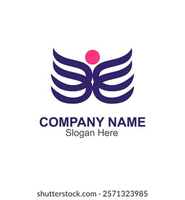 Company logo with purple winged design and pink dot. Suitable for branding, business cards, and promotional materials for various industries.