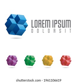 Company Logo Template With Levitating Abstract Cubic Three-dimensional Object Vector Illustration. Five Color Versions, Sample Text On Separate Layer