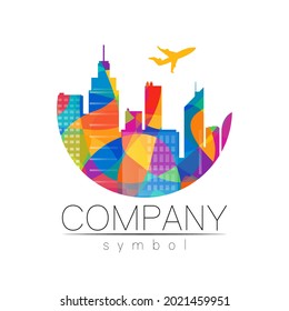 Company Logo Vector City Town Icon for Branding Real Estate Symbol Building and Apartment Rent Concept Sign with airplane
