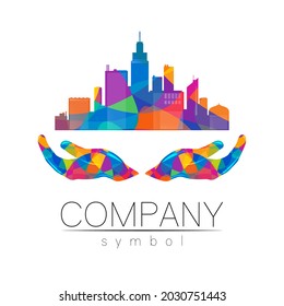 Company Logo Vector City Town Icon for Branding Real Estate Symbol Building and Apartment Rent Concept Sign with human hand