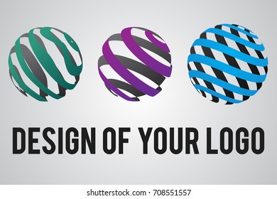Company logos with spheres and patterns. Balls with color ornament and inscription. Business concept. Abstract vector illustration
