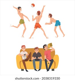 Company of Man Friends Spending Time Together Playing Video Game on Sofa and Beach Volleyball Vector Set