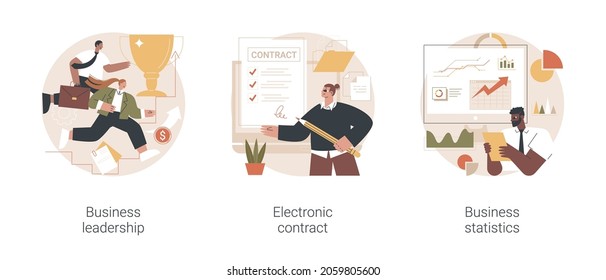 Company management abstract concept vector illustration set. Business leadership, electronic contract, financial report and statistics, decision making, marketing research abstract metaphor.