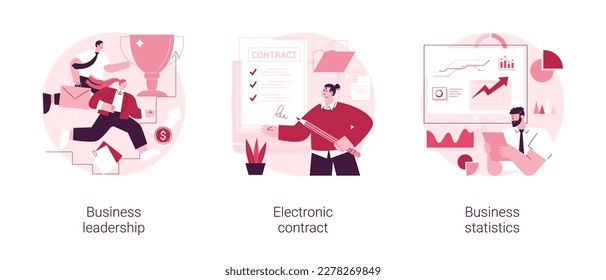Company management abstract concept vector illustration set. Business leadership, electronic contract, financial report and statistics, decision making, marketing research abstract metaphor.