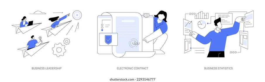 Company management abstract concept vector illustration set. Business leadership, electronic contract, financial report and statistics, decision making, marketing research abstract metaphor.