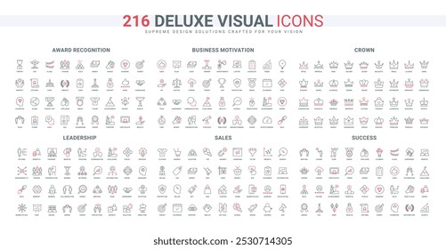 Company management, business motivation and winners award line icon set. Focus on achievement, coordination and leadership effectiveness thin black and red outline symbols vector illustration