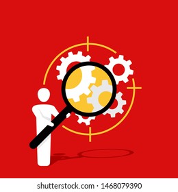 Company management, diagnistic and analytics concept icon - man holds magnifier and exploring gear box mechanism (symbol of busuiness strategy) - vector logo 