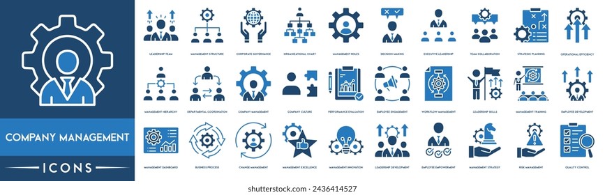 Company Management, Leadership Team, Management, Decision Making, Team Collaboration, Strategic Planning, Management Consulting, Employee Engagement, Workflow, Leadership Skills and Employee icon set.