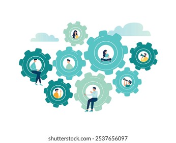 Company management skills, teamwork or collaboration to achieve success, the concept of team effort, business people working on rotating interconnected gears, vector illustration