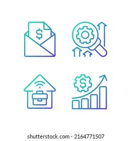 Company management structure gradient linear vector icons set. Sending contracts. Financial planning. Remote job. Thin line contour symbol designs bundle. Isolated outline illustrations collection