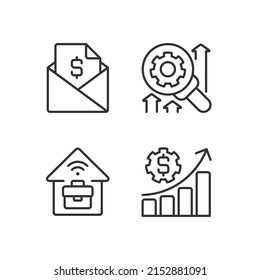 Conjunto de iconos lineales perfectos de la estructura de administración de la empresa. Trabajo remoto. Símbolos de línea delgada personalizables. Ilustraciones aisladas del contorno vectorial. Trazo editable. Montserrat Negrita, fuentes ligeras usadas