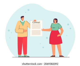 Company manager or businessman giving contract to employee. Man and woman with legal document flat vector illustration. Teamwork, partnership concept for banner, website design or landing web page