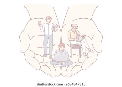 El gerente de la empresa se preocupa por los trabajadores del equipo de oficina . Ilustración de concepto de Vector de equilibrio de trabajo y oficina moderna. Prestaciones laborales de los trabajadores
