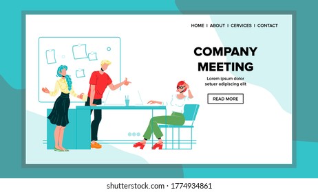 Company Meeting, Briefing Or Conference Vector. Colleagues Organization Company Meeting For Discussion Business Strategy. Businessman And Businesswoman Web Flat Cartoon Illustration