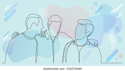company of men friends hugging and talking - one line drawing