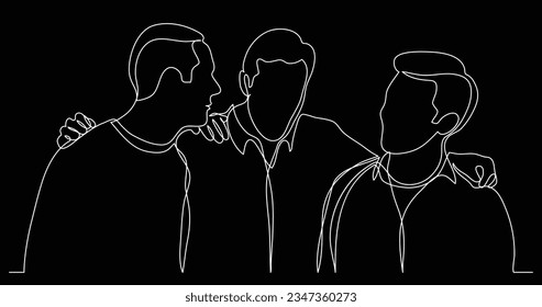 company of men friends hugging and talking - one line drawing