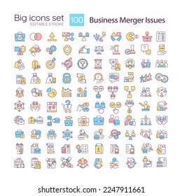 Company merger RGB color icons set. Financial transactions. Acquisition strategies. Isolated vector illustrations. Simple filled line drawings collection. Editable stroke. Quicksand-Light font used