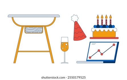 Conjunto de objetos de dibujos animados 2D de fiesta de celebración de hito de la compañía. Mesa, copa de vino espumoso, pastel de velas, Clipart de Vector plano de Elementos aislados para computadora portátil sobre fondo blanco. Colección de ilustraciones de punto