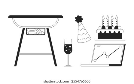 Company milestone celebration party black and white 2D line objects set. Table, wine glass, candles cake, laptop isolated clip arts vector outline items collection. Monochrome spot illustrations
