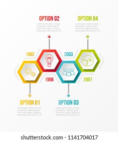Company milestone with hexagonal icons. Vector.