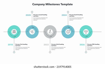 Hitos de empresa con cinco etapas coloridas. Plantilla plana simple para visualización de datos.