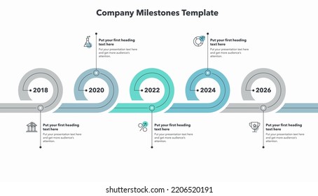 Company milestones with five colorful stages. Flat infographic design with minimalistic icons.