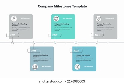 Plantilla de hitos de empresa con cinco etapas. Fácil de usar para su sitio web o presentación.