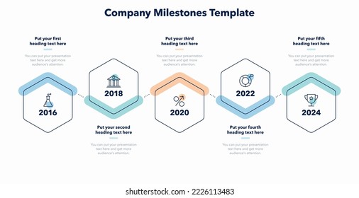 Company milestones template with five steps. Simple flat template for data visualization.