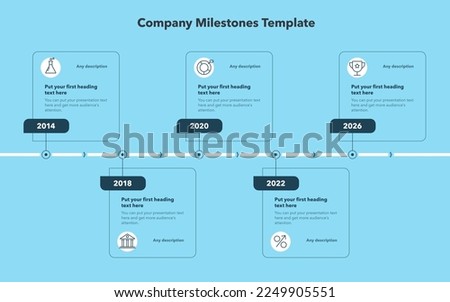 Company milestones template with five steps - blue version. Slide for business presentation.