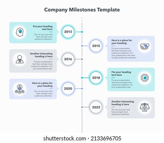 Company milestones template with six steps. Easy to use for your website or presentation.