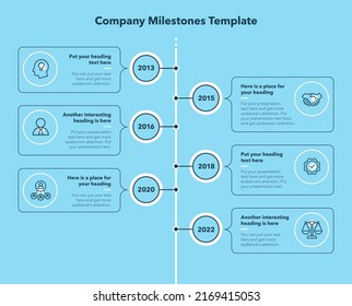 Company milestones template with six steps - blue version. Easy to use for your website or presentation.