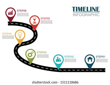 Company Milestones Timeline Template With 6 Option Infographic. Business Concept Can Be Used For Workflow Layout And Number Steps. Point Location On A Curved Road Line.Vector Illustration Flat Design.