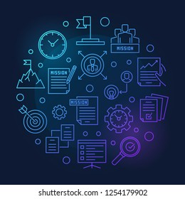 Company Mission Statement vector round blue illustration in outine style on dark background